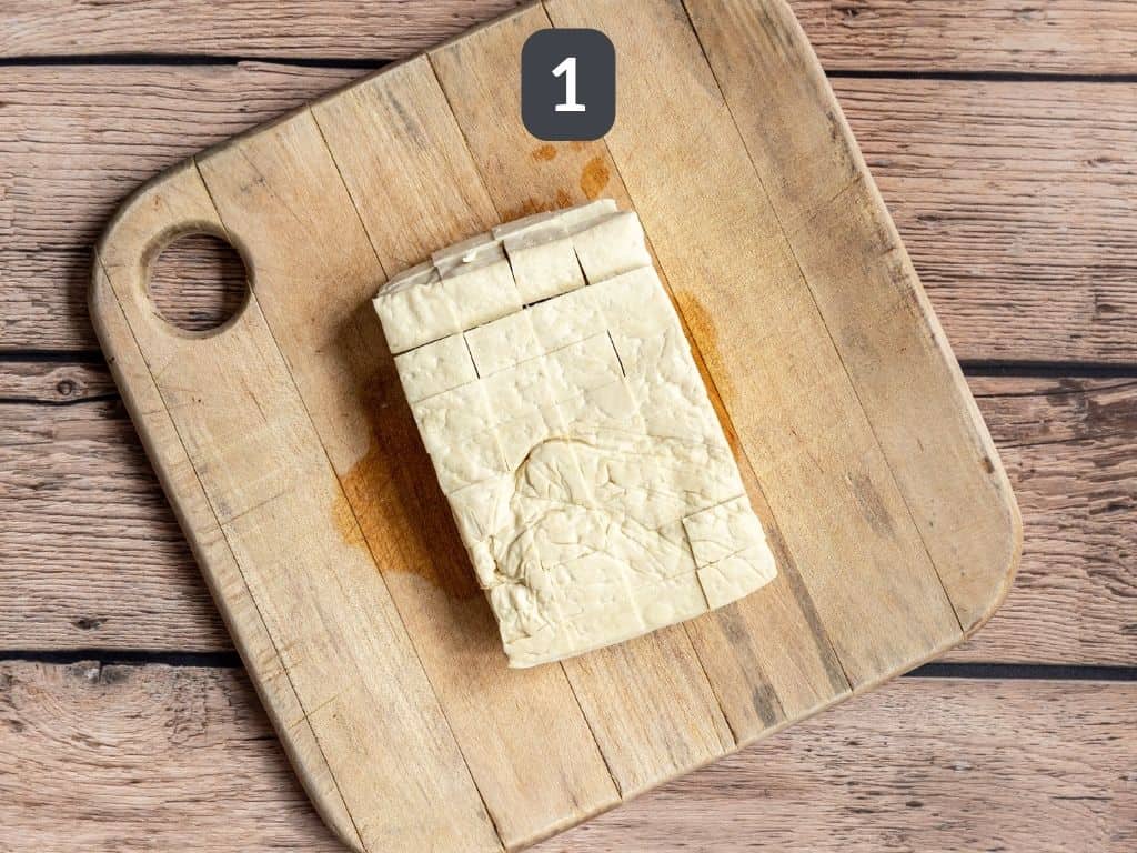 Vegan Paprikash Step 1 - cube the tofu.