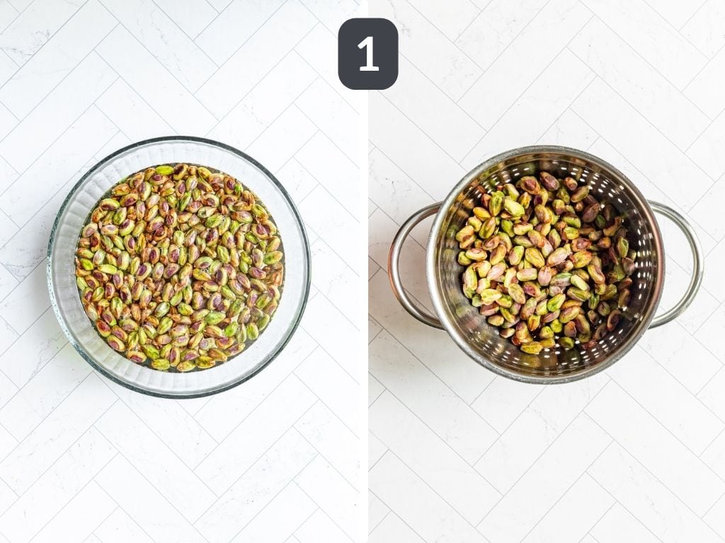 Vegan Pistachio Ice Cream Step 1 - soak the pistachios in boiling water.