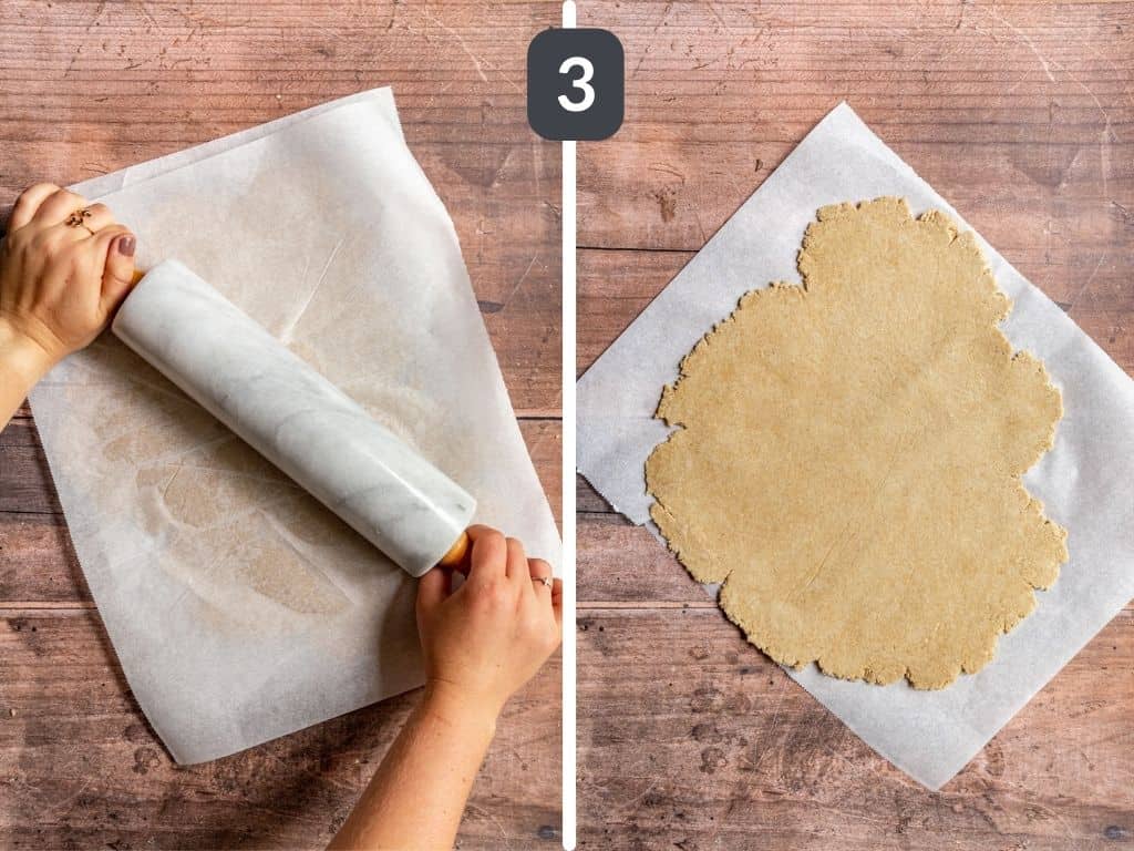 Gluten Free Vegan Blueberry Pie Step 3 - roll half the dough between sheets of parchment paper.
