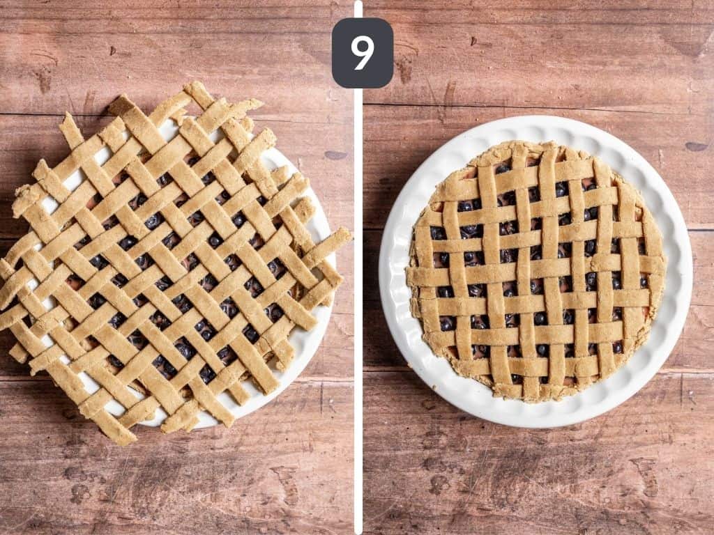 Gluten Free Vegan Blueberry Pie Step 9 - place the lattice on top of the filled pie.