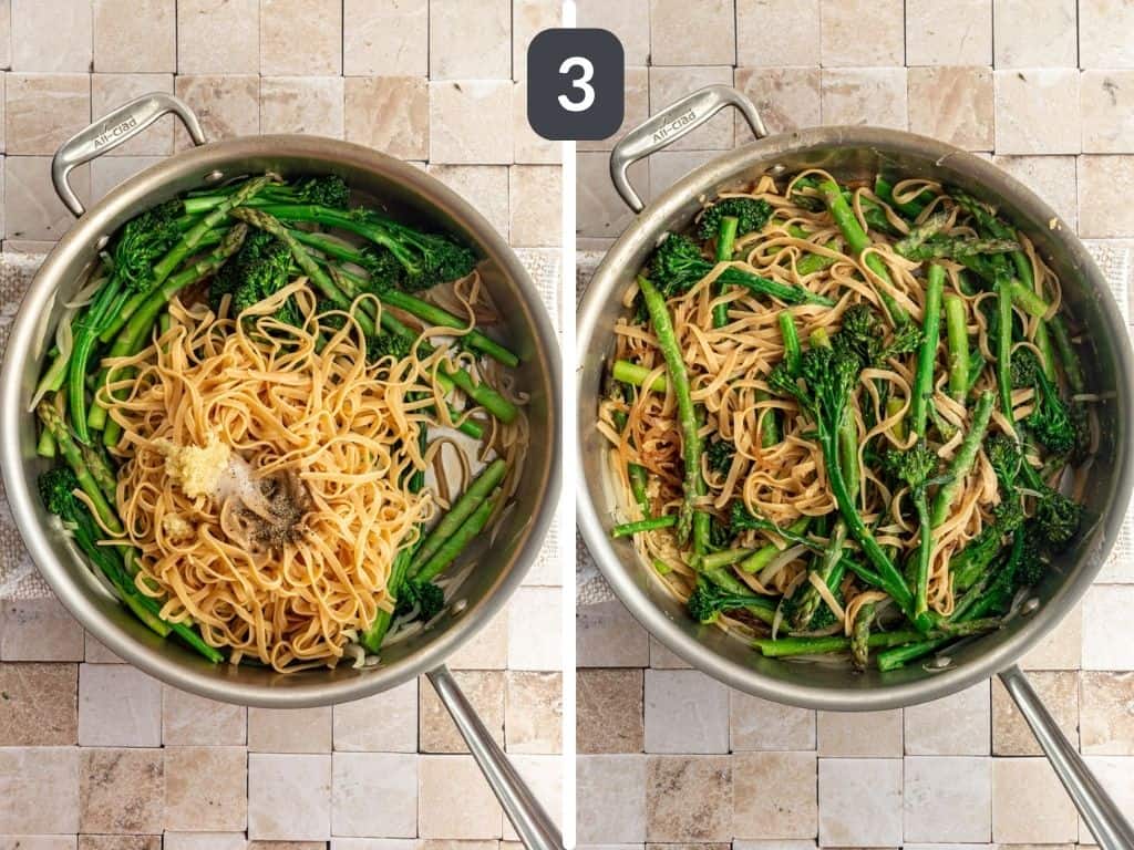 Broccoli Asparagus Pasta Step 3 - stir in the pasta and sauce ingredients.