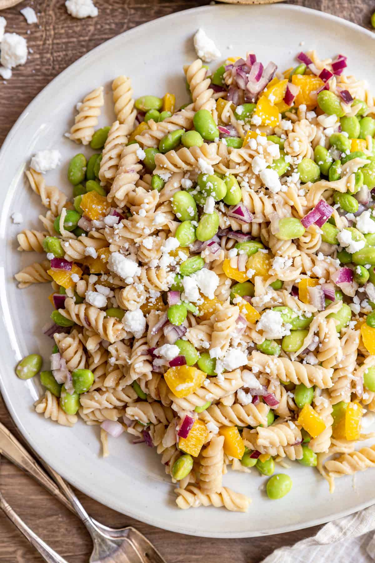 A plate of Edamame Pasta Salad.