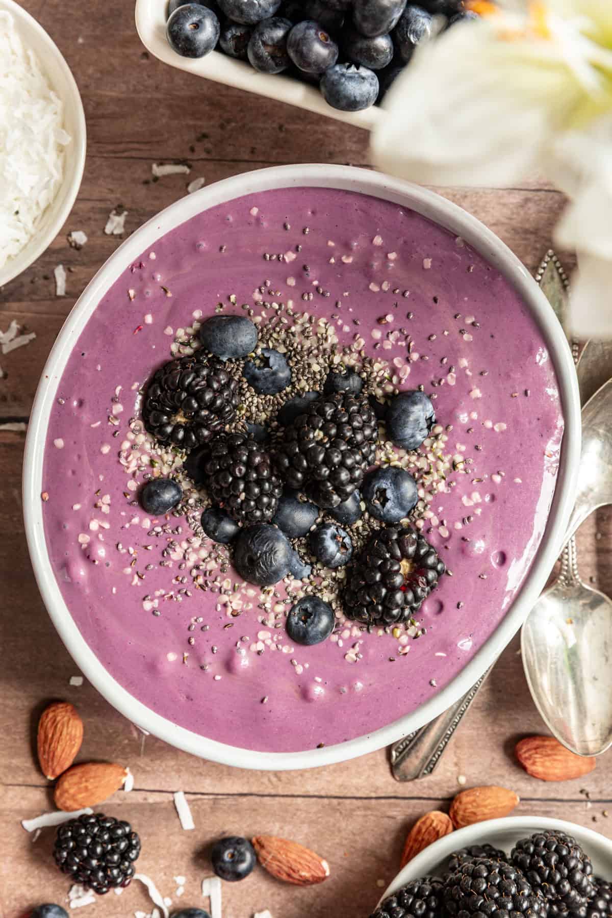 High Protein Acai Smoothie Bowl topped with blueberries and blackberries.