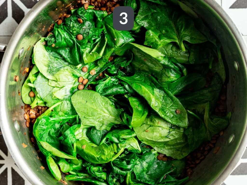 Lentils and Greens Toast Step 3 - cook the spinach.