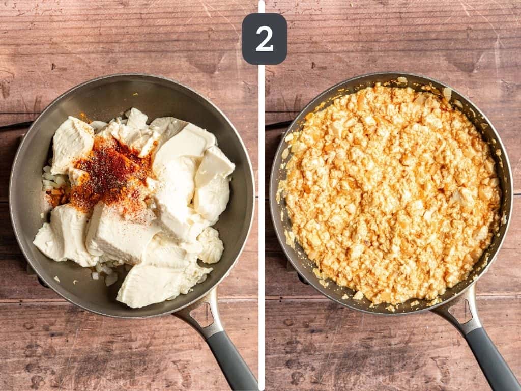 Silken Tofu Scrambled Eggs Step 2 - add the tofu and spices and cook until warm.