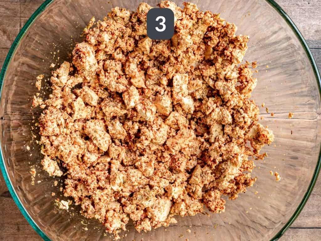 Tofu Breakfast Sausage Crumbles Step 3 - toss with spices.
