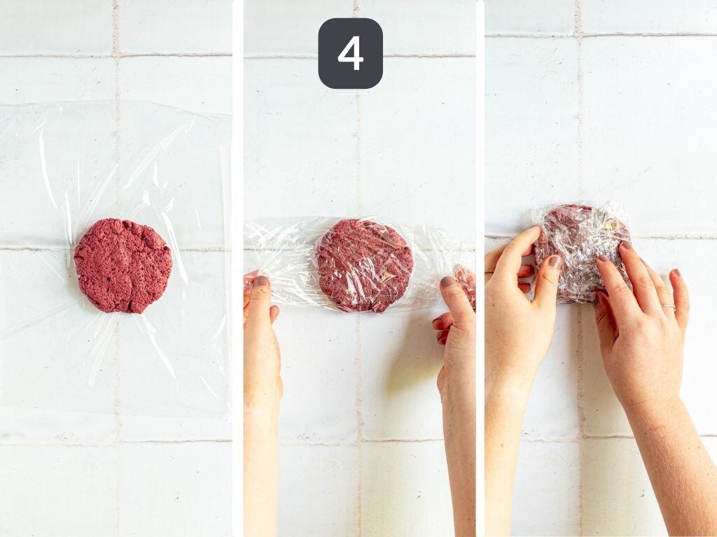 Vegan High Protein Seitan Burgers Step 4 - shape into patties and wrap in plastic wrap.