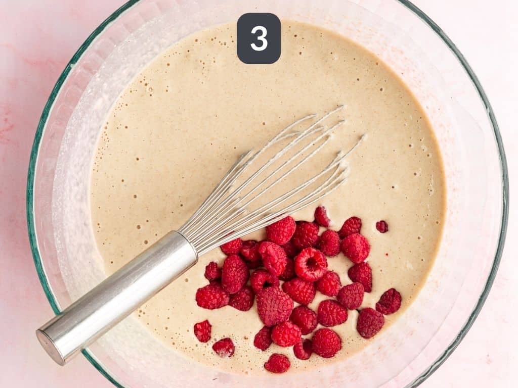 Vegan Raspberry Lemon Pancakes Step 3 - add the raspberries and mash.