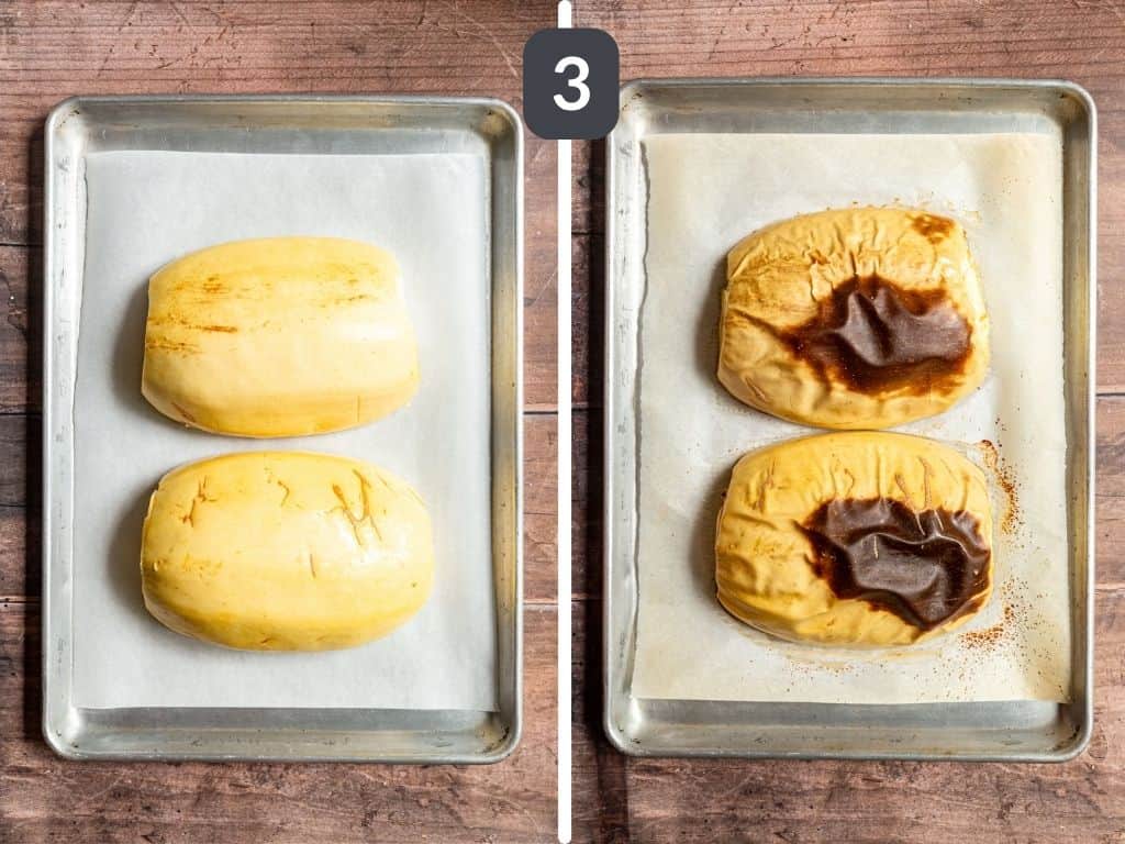 Vegan Pesto Spaghetti Squash Step 3 - bake the spaghetti squash.