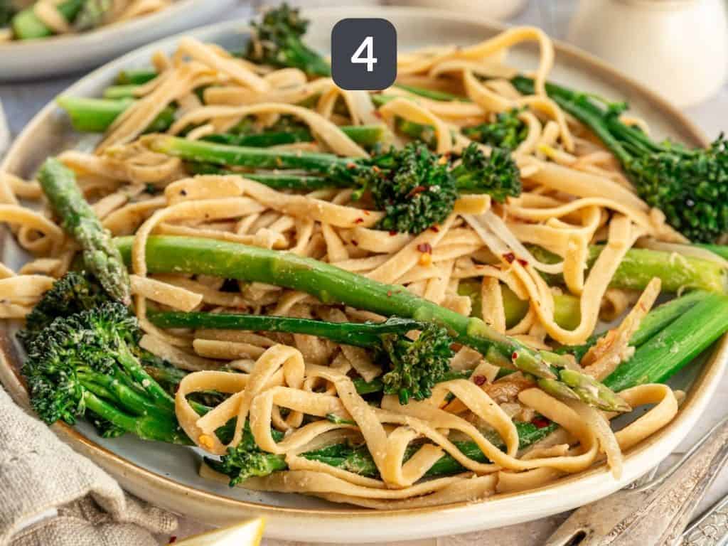 Broccoli Asparagus Pasta Step 4 - season with red pepper flakes.