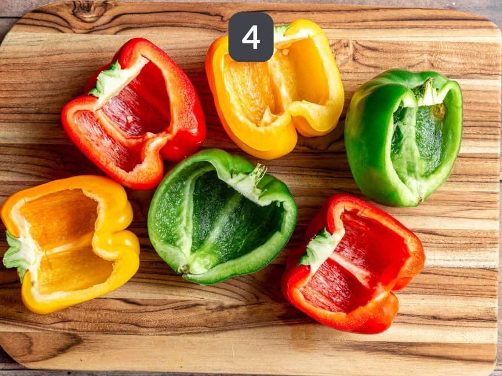 No-Bake Vegan Stuffed Peppers Step 4 - slice the peppers.