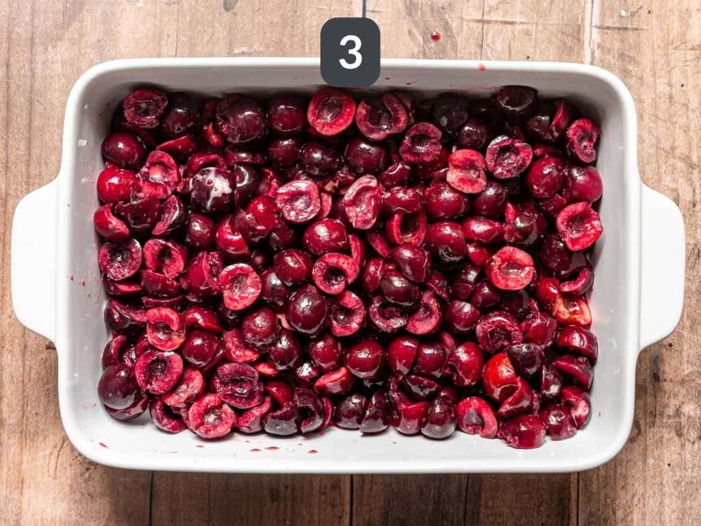 Vegan Cherry Crumble Step 3 - pour the filling into a baking pan.