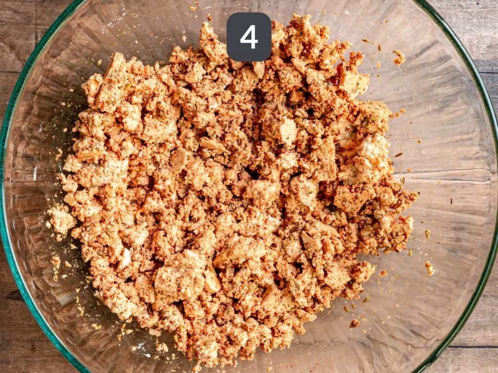 Tofu Breakfast Sausage Crumbles Step 4 - toss with cornstarch.