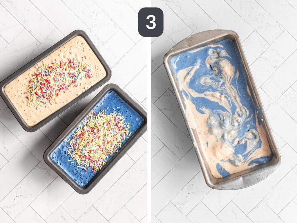 Vegan Birthday Cake Batter Ice Cream Step 3 - stir in the sprinkles, then swirl the colors together.