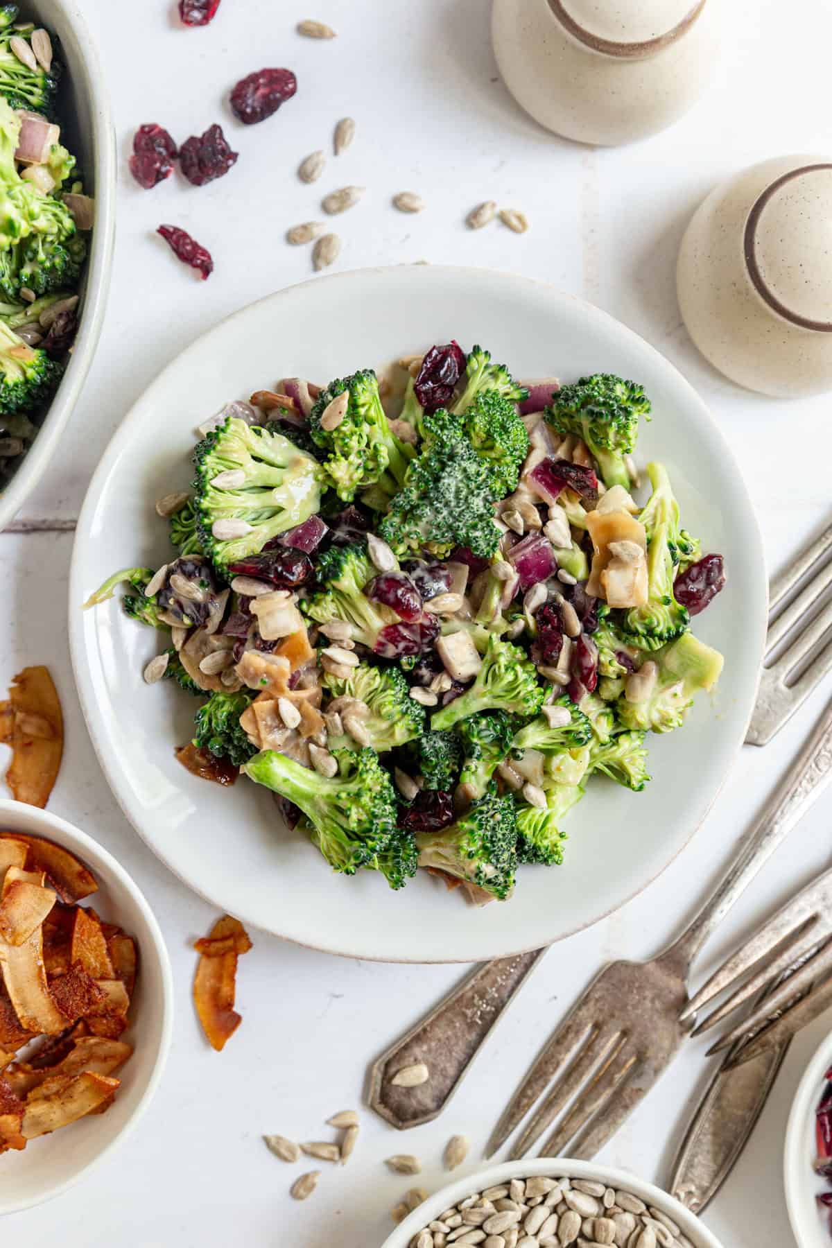 A plate of Vegan Broccoli Salad, ready to serve.