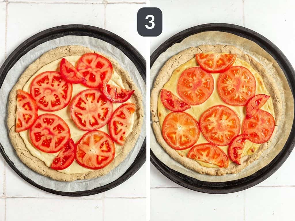 Vegan Margherita Pizza Step 3 - add the mozzarella and tomatoes to the crust and bake.