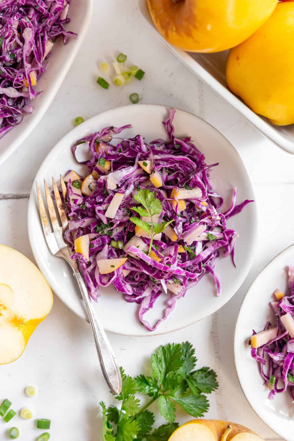 A plate of Vegan Red Cabbage Slaw surrounded by fresh herbs and apples.