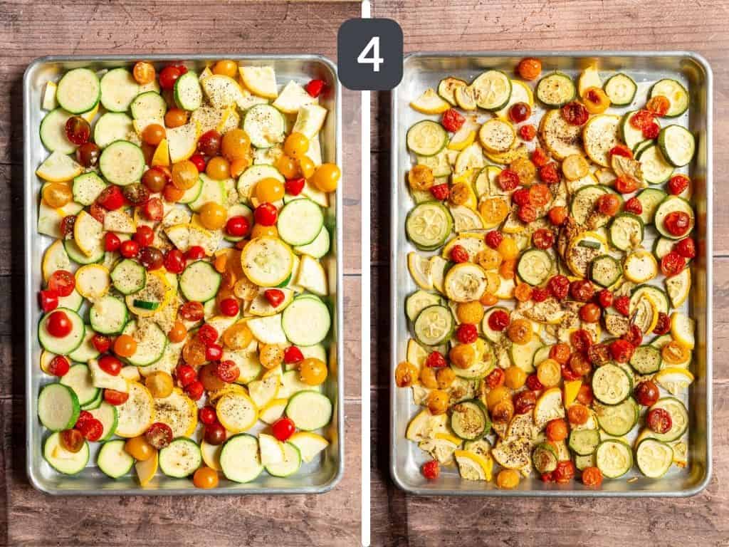 Vegan Pesto Spaghetti Squash Step 4 - bake the zucchini and tomatoes.