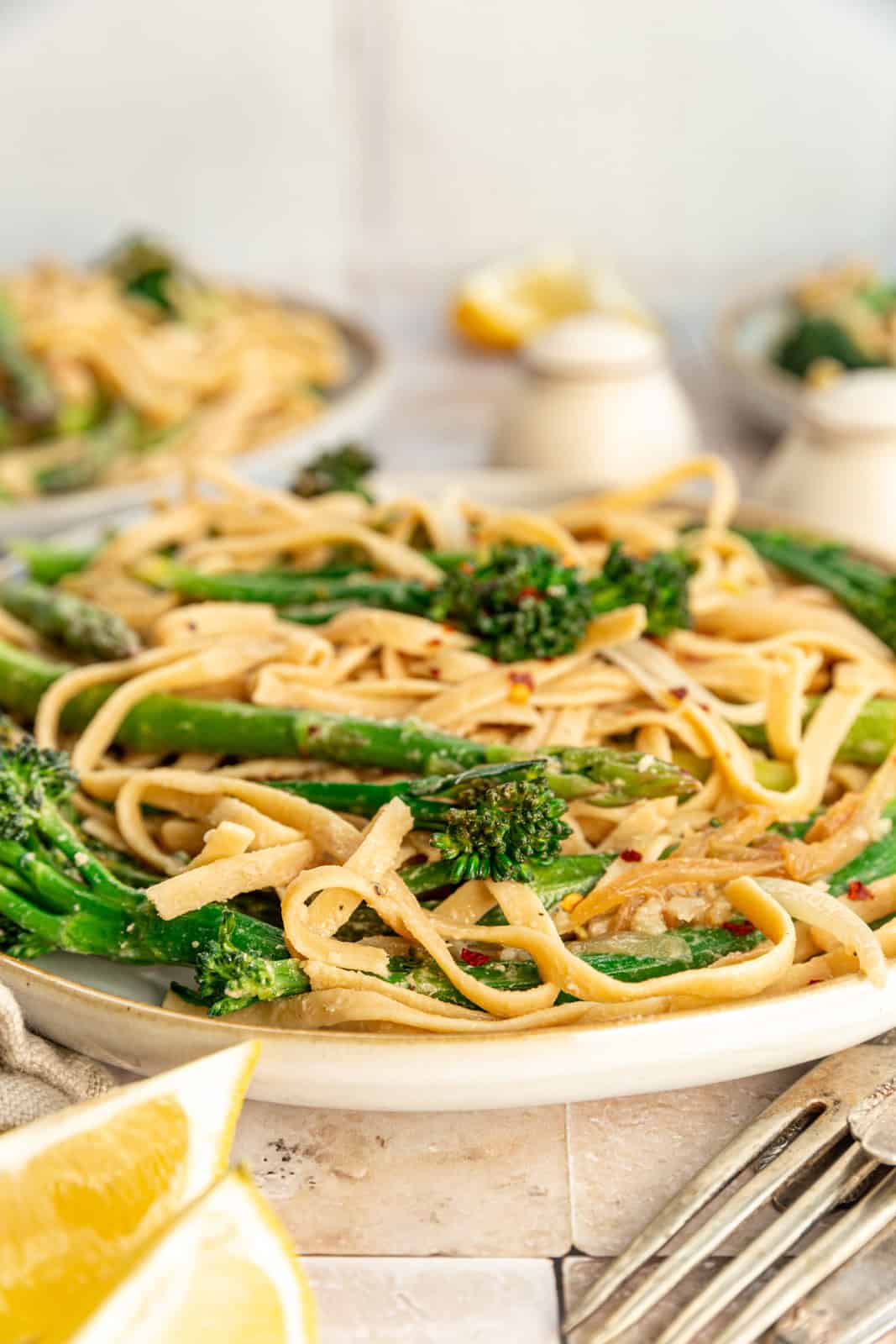 A plate of Broccoli Asparagus Pasta ready to eat.