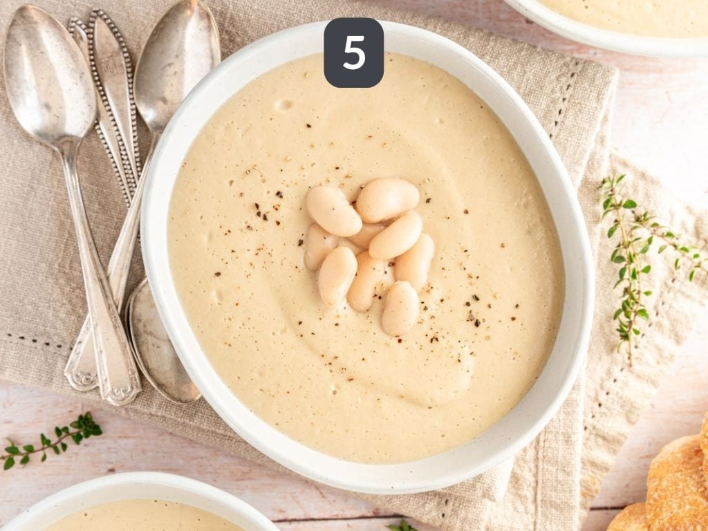 Creamy Cauliflower White Bean Soup Step 5 - serve with bread.