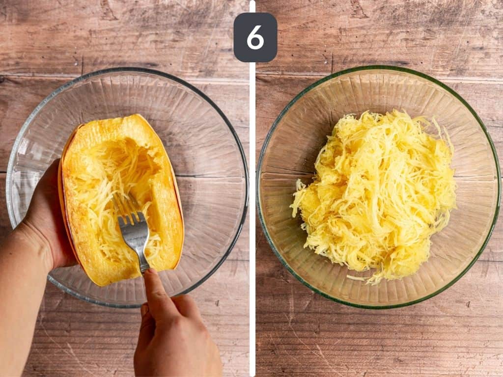 Broccoli Parmesan Spaghetti Squash Step 6 - scoop out the spaghetti.