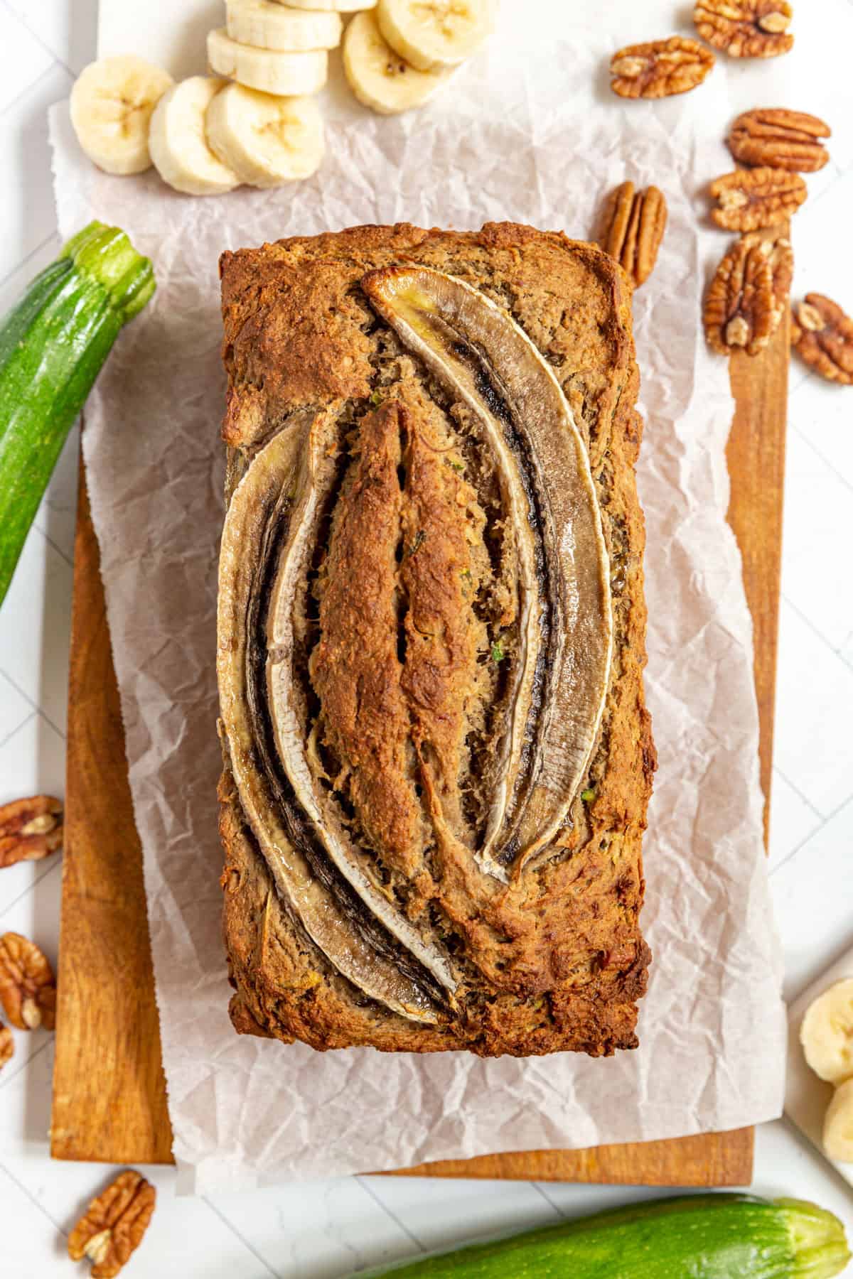 A fresh loaf of Vegan Banana Zucchini Bread. 