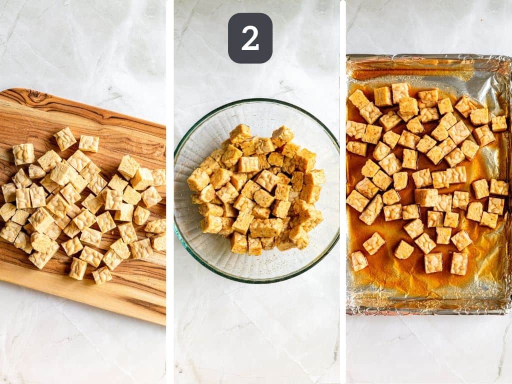 Vegan Cobb Salad Step 2 - cook the tempeh.