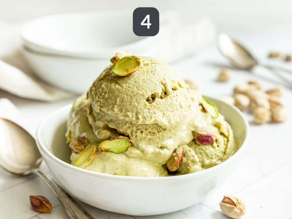 Vegan Pistachio Ice Cream Step 4 - let thaw slightly then scoop.