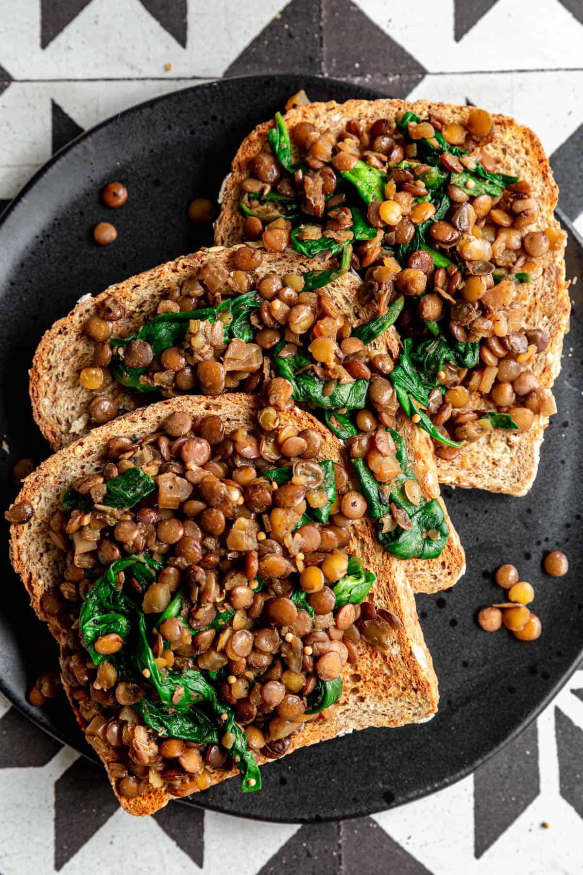 Three slices of Lentils and Greens Toast.