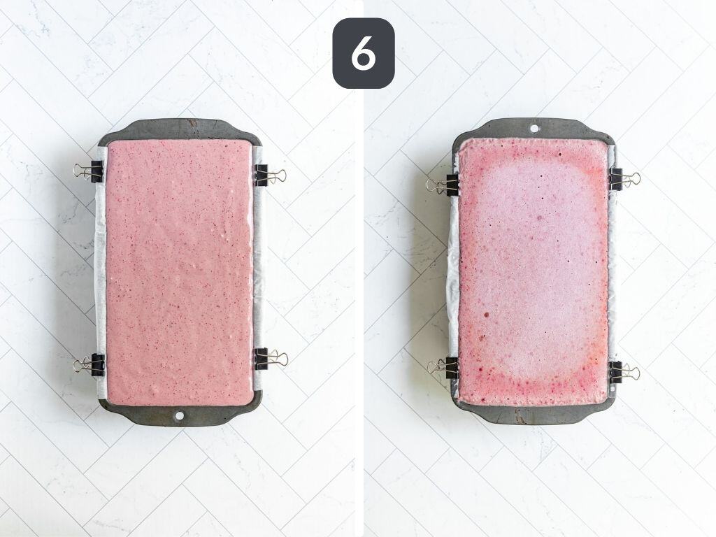 Vegan Neapolitan Ice Cream Step 6 - spread the strawberry layer on top of the vanilla and freeze until firm.