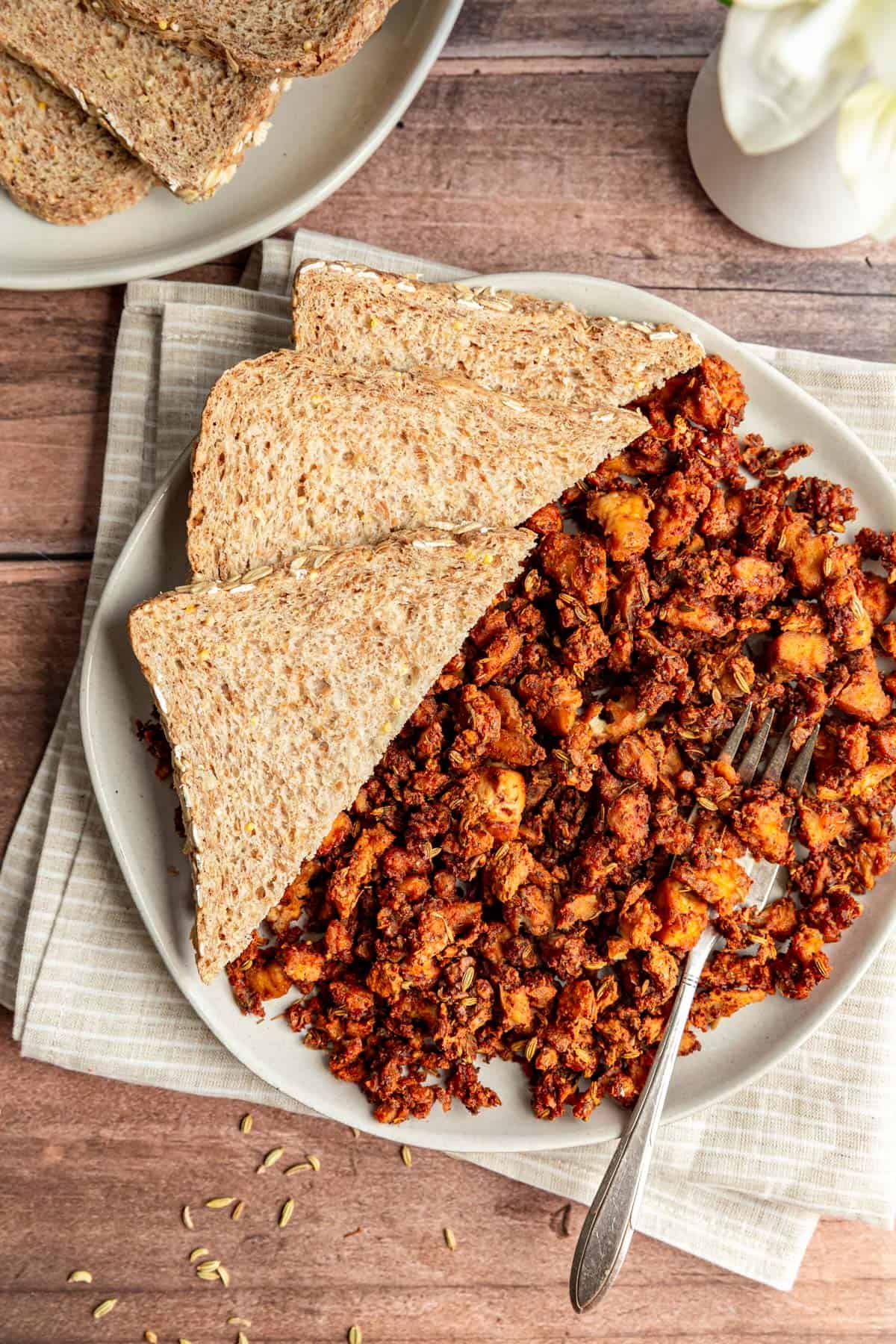 Tofu Breakfast Sausage Crumbles Served with toast.