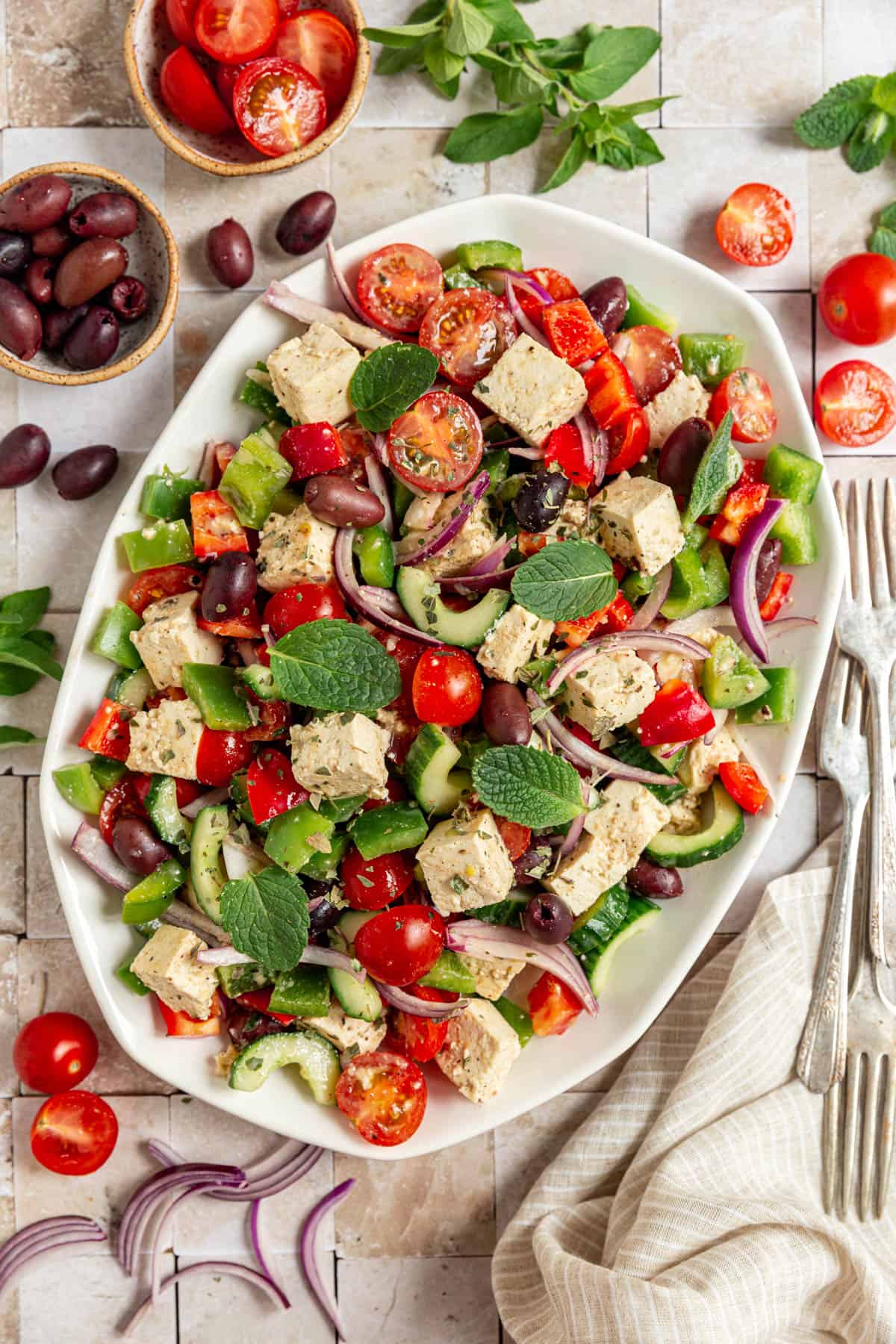 A platter of Vegan Greek Salad.