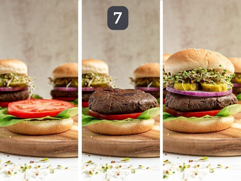 Vegan High Protein Seitan Burgers Step 7 - serve loaded with your favorite burger toppings.