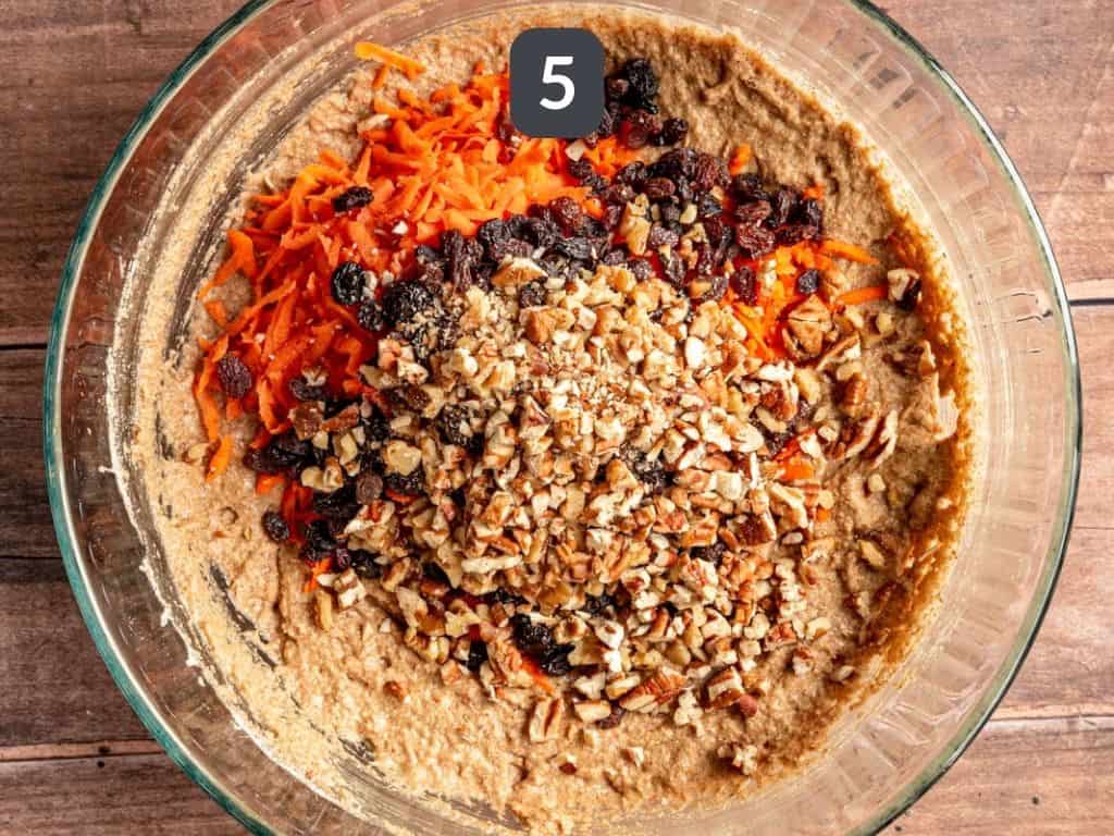 Vegan Oil-Free Carrot Cake Step 5 - stir in the carrots, raisins, and nuts.