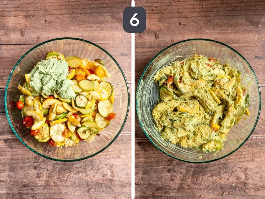 Vegan Pesto Spaghetti Squash Step 6 - toss the roasted veggies with the pesto.