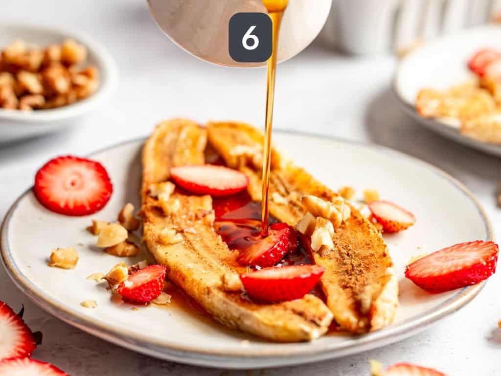 Air fryer bananas step 6 - top with fruit, nuts, and more maple syrup.