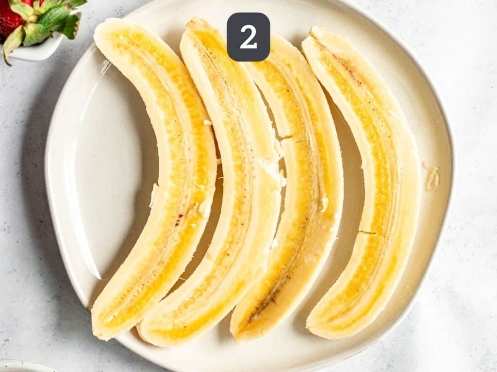 Air fryer bananas step 2 - slice the bananas.