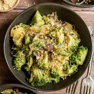 A bowl of broccoli parmesan spaghetti squash.