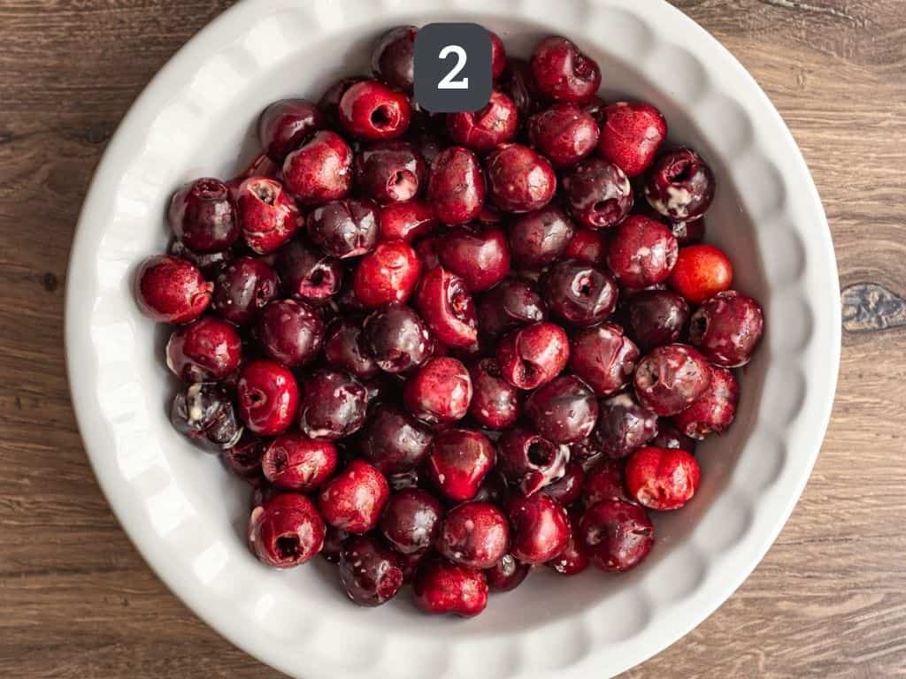 Vegan gluten free cherry crisp step 2 transfer cherries to a pie plate.