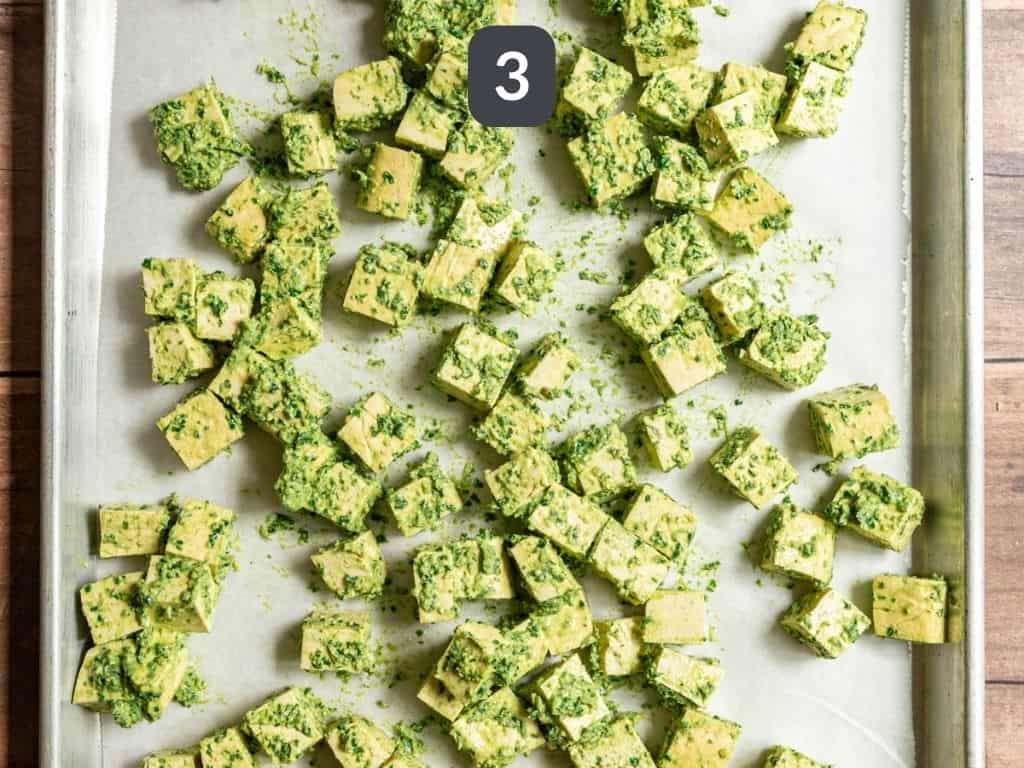 Easy Pesto Tofu Step 3 - toss the tofu with pesto.