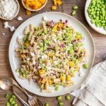 A platter of edamame pasta salad.