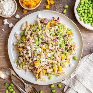 A platter of edamame pasta salad.
