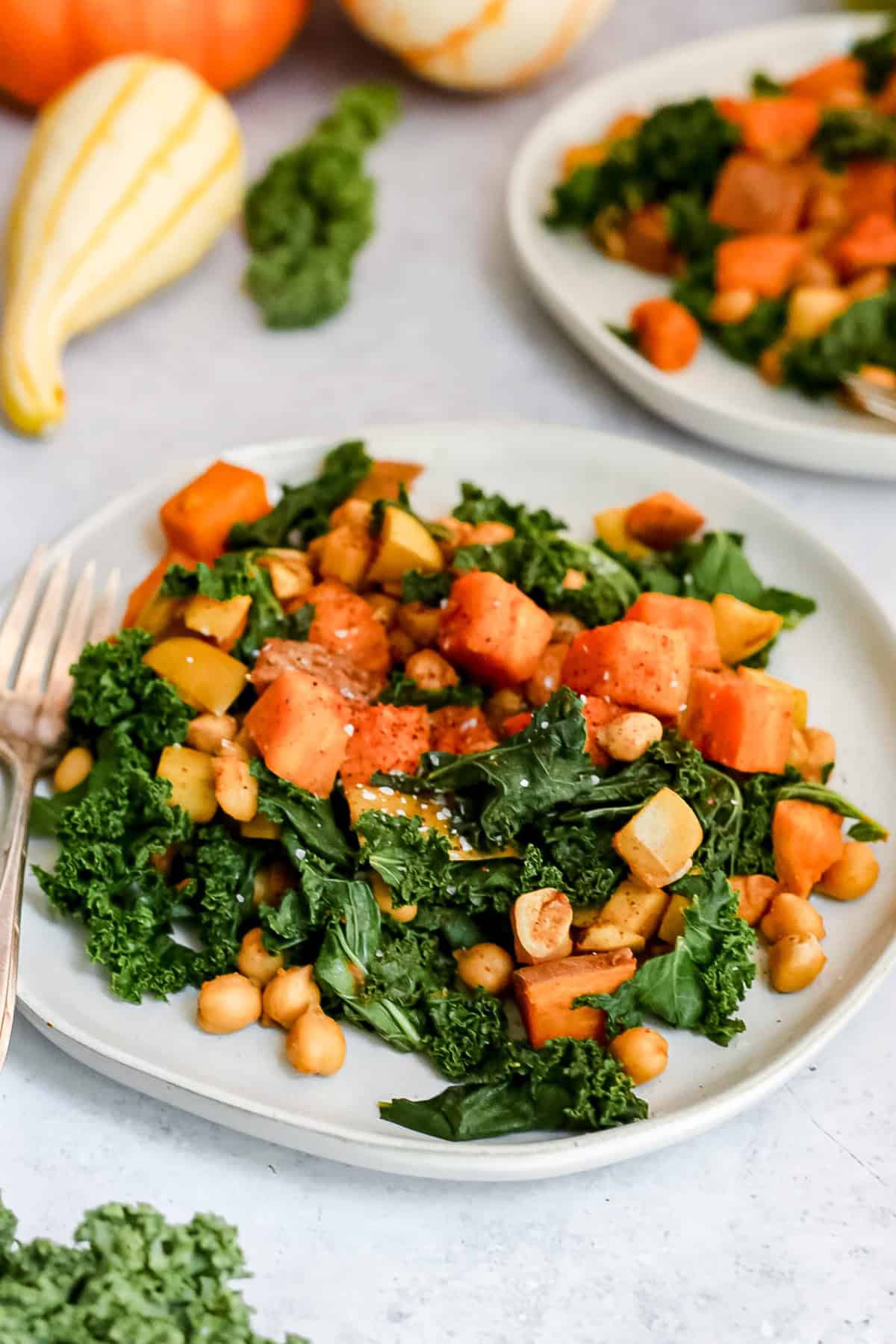 A plate of fall veggie sweet potato hash with a fork, ready to eat.