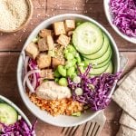 An air fryer cauliflower rice bowl, ready to eat.