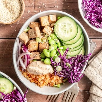 An air fryer cauliflower rice bowl, ready to eat.