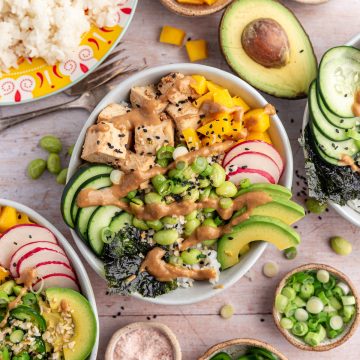 A loaded tofu veggie poke bowl.