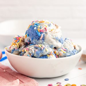 A bowl of vegan birthday cake batter ice cream.