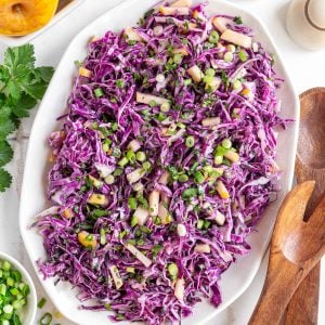 Vegan red cabbage slaw on a platter.