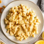 A plate of garlic mac and cheese.