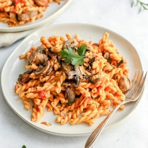 A plate of gemelli with tomato sauce, garnished with parsley, ready to eat.